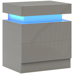 HOMCOM Grey Bedside Table with LED Light, High Gloss Front Nightstand with 2 Drawers, for Living Room, Bedroom - thumbnail 1