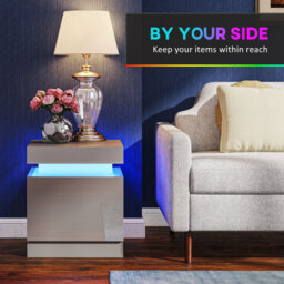 HOMCOM Grey Bedside Table with LED Light, High Gloss Front Nightstand with 2 Drawers, for Living Room, Bedroom - thumbnail 5