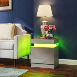 HOMCOM Grey Bedside Table with LED Light, High Gloss Front Nightstand with 2 Drawers, for Living Room, Bedroom - thumbnail 9