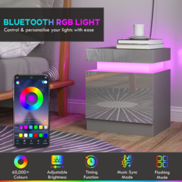 HOMCOM Grey Bedside Table with LED Light, High Gloss Front Nightstand with 2 Drawers, for Living Room, Bedroom - thumbnail 4