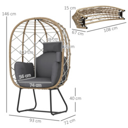 Outsunny Rattan Egg Chair Outdoor Indoor Wicker Chair with Thickened Cushion and Headrest, Cup Holder, Metal Frame for Patio, Balcony, Brown - thumbnail 3