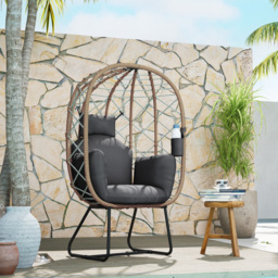 Outsunny Rattan Egg Chair Outdoor Indoor Wicker Chair with Thickened Cushion and Headrest, Cup Holder, Metal Frame for Patio, Balcony, Brown - thumbnail 8