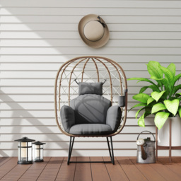 Outsunny Rattan Egg Chair Outdoor Indoor Wicker Chair with Thickened Cushion and Headrest, Cup Holder, Metal Frame for Patio, Balcony, Brown - thumbnail 9