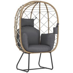 Outsunny Rattan Egg Chair Outdoor Indoor Wicker Chair with Thickened Cushion and Headrest, Cup Holder, Metal Frame for Patio, Balcony, Brown