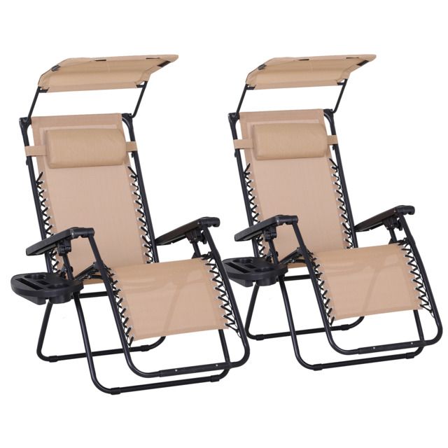 Outsunny 2 Piece Foldable Reclining Garden Chair w/ Headrest, Zero Gravity Deck Sun Lounger Seat Chair w/ Footrest, Cup Holder & Canopy - Aosom UK - image 1