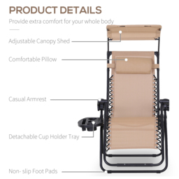 Outsunny 2 Piece Foldable Reclining Garden Chair w/ Headrest, Zero Gravity Deck Sun Lounger Seat Chair w/ Footrest, Cup Holder & Canopy - Aosom UK - thumbnail 4