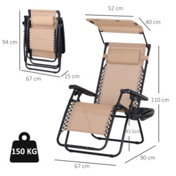 Outsunny 2 Piece Foldable Reclining Garden Chair w/ Headrest, Zero Gravity Deck Sun Lounger Seat Chair w/ Footrest, Cup Holder & Canopy - Aosom UK - thumbnail 3