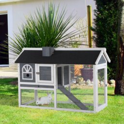 PawHut Guinea Pigs Hutches Wood Bunny Cage for Outdoor Indoor with Pull Out Tray Run Box Ramp Asphalt Roof for Small Animals Grey - thumbnail 2