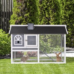 PawHut Guinea Pigs Hutches Wood Bunny Cage for Outdoor Indoor with Pull Out Tray Run Box Ramp Asphalt Roof for Small Animals Grey - thumbnail 9