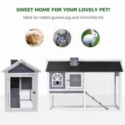PawHut Guinea Pigs Hutches Wood Bunny Cage for Outdoor Indoor with Pull Out Tray Run Box Ramp Asphalt Roof for Small Animals Grey - thumbnail 6