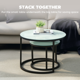 HOMCOM Glass Coffee Table Set of 2, Round Nest of Tables with Marble-Effect Tempered Glass Tabletop, Modern Side Tables for Living Room, White - thumbnail 4