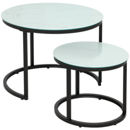 HOMCOM Glass Coffee Table Set of 2, Round Nest of Tables with Marble-Effect Tempered Glass Tabletop, Modern Side Tables for Living Room, White - thumbnail 1