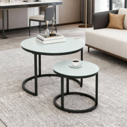 HOMCOM Glass Coffee Table Set of 2, Round Nest of Tables with Marble-Effect Tempered Glass Tabletop, Modern Side Tables for Living Room, White - thumbnail 8
