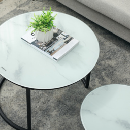 HOMCOM Glass Coffee Table Set of 2, Round Nest of Tables with Marble-Effect Tempered Glass Tabletop, Modern Side Tables for Living Room, White - thumbnail 7