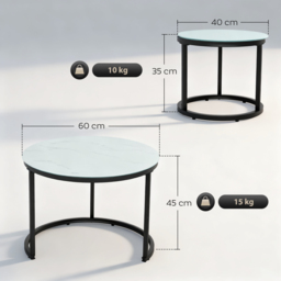 HOMCOM Glass Coffee Table Set of 2, Round Nest of Tables with Marble-Effect Tempered Glass Tabletop, Modern Side Tables for Living Room, White - thumbnail 3