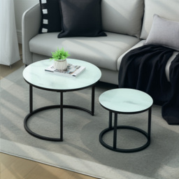 HOMCOM Glass Coffee Table Set of 2, Round Nest of Tables with Marble-Effect Tempered Glass Tabletop, Modern Side Tables for Living Room, White - thumbnail 2