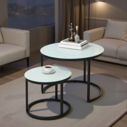 HOMCOM Glass Coffee Table Set of 2, Round Nest of Tables with Marble-Effect Tempered Glass Tabletop, Modern Side Tables for Living Room, White - thumbnail 9