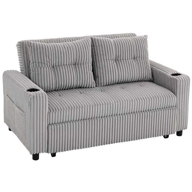 HOMCOM 2 Seater Click Clack Sofa Bed with Pull Out Design, Corduroy Upholstery, Light Grey - Aosom UK - image 1