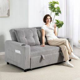 HOMCOM 2 Seater Click Clack Sofa Bed with Pull Out Design, Corduroy Upholstery, Light Grey - Aosom UK - thumbnail 2
