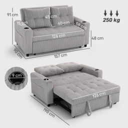 HOMCOM 2 Seater Click Clack Sofa Bed with Pull Out Design, Corduroy Upholstery, Light Grey - Aosom UK - thumbnail 3
