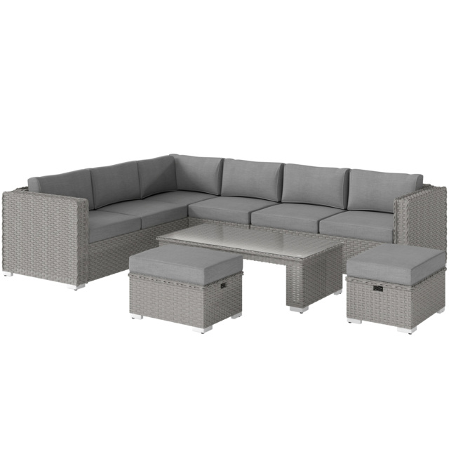 Outsunny 8-Seater PE Rattan Garden Corner Sofa Set Outdoor Wicker Conservatory Furniture Coffee Table Footstool, Grey - Aosom UK - image 1