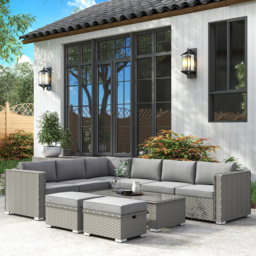 Outsunny 8-Seater PE Rattan Garden Corner Sofa Set Outdoor Wicker Conservatory Furniture Coffee Table Footstool, Grey - Aosom UK - thumbnail 2