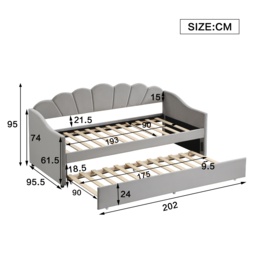 Single Day Bed with Trundle and Scalloped Cushion, Upholstered Velvet Sofa Bed with Sturdy Slats, for Bedroom, 202L x 190W x 95H cm, Gray - Aosom.UK - thumbnail 3