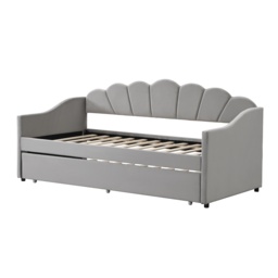 Single Day Bed with Trundle and Scalloped Cushion, Upholstered Velvet Sofa Bed with Sturdy Slats, for Bedroom, 202L x 190W x 95H cm, Gray - Aosom.UK - thumbnail 2