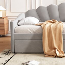 Single Day Bed with Trundle and Scalloped Cushion, Upholstered Velvet Sofa Bed with Sturdy Slats, for Bedroom, 202L x 190W x 95H cm, Gray - Aosom.UK - thumbnail 9