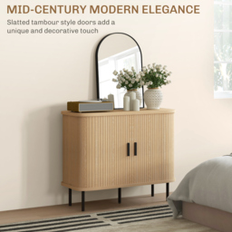HOMCOM Mid-Century Modern Sideboard Storage Cabinet with Slatted Tambour Sliding Doors, Kitchen Cabinet with Steel Legs, Oak Tone - Aosom UK - thumbnail 4