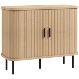 HOMCOM Mid-Century Modern Sideboard Storage Cabinet with Slatted Tambour Sliding Doors, Kitchen Cabinet with Steel Legs, Oak Tone - Aosom UK - thumbnail 1