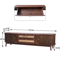 Natural Walnut Modern TV Stand with Rattan Drawers and Solid Wood Legs, Solid Wood Doors and Storage Solution, 170x39.5x46 cm, Natural - Aosom.UK - thumbnail 3
