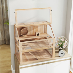 PawHut Wooden Hamster Cage with Detachable 31cm Deep Bottom, Hut, Seesaw, Exercise Wheel, Ramp, Spacious Habitat, Natural - Aosom UK - thumbnail 9