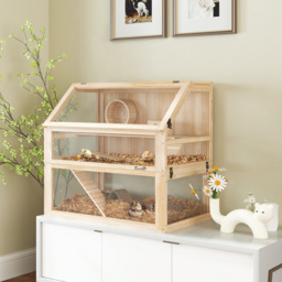 PawHut Wooden Hamster Cage with Detachable 31cm Deep Bottom, Hut, Seesaw, Exercise Wheel, Ramp, Spacious Habitat, Natural - Aosom UK - thumbnail 2
