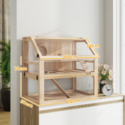 PawHut Wooden Hamster Cage with Detachable 31cm Deep Bottom, Hut, Seesaw, Exercise Wheel, Ramp, Spacious Habitat, Natural - Aosom UK - thumbnail 3