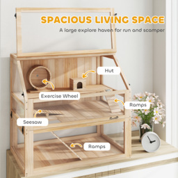 PawHut Wooden Hamster Cage with Detachable 31cm Deep Bottom, Hut, Seesaw, Exercise Wheel, Ramp, Spacious Habitat, Natural - Aosom UK - thumbnail 4