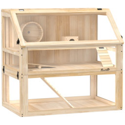 PawHut Wooden Hamster Cage with Detachable 31cm Deep Bottom, Hut, Seesaw, Exercise Wheel, Ramp, Spacious Habitat, Natural - Aosom UK - thumbnail 1
