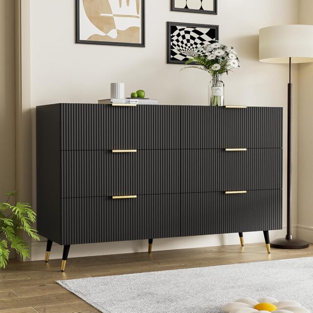 6-Drawer Sideboard with Wave-Textured Front, Metal Handles, Minimalist Buffet Storage for Living Room, 120x40x77 cm, Black/Gold - Aosom UK - image 1