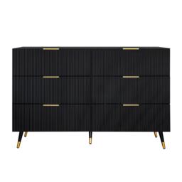 6-Drawer Sideboard with Wave-Textured Front, Metal Handles, Minimalist Buffet Storage for Living Room, 120x40x77 cm, Black/Gold - Aosom UK - thumbnail 2
