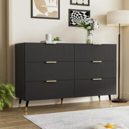 6-Drawer Sideboard with Wave-Textured Front, Metal Handles, Minimalist Buffet Storage for Living Room, 120x40x77 cm, Black/Gold - Aosom UK
