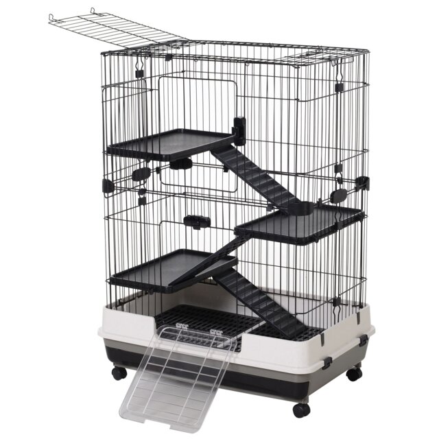 PawHut Small Guinea Pigs Hutches Hutch Pet Play House with Platform, Ramp, Removable Tray for Rabbits, Guinea Pigs, Chinchillas Black and White - image 1