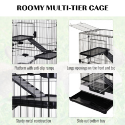 PawHut Small Guinea Pigs Hutches Hutch Pet Play House with Platform, Ramp, Removable Tray for Rabbits, Guinea Pigs, Chinchillas Black and White - thumbnail 5