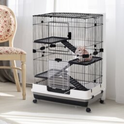 PawHut Small Guinea Pigs Hutches Hutch Pet Play House with Platform, Ramp, Removable Tray for Rabbits, Guinea Pigs, Chinchillas Black and White - thumbnail 2