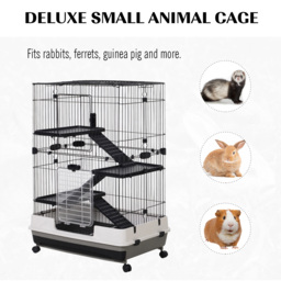 PawHut Small Guinea Pigs Hutches Hutch Pet Play House with Platform, Ramp, Removable Tray for Rabbits, Guinea Pigs, Chinchillas Black and White - thumbnail 7