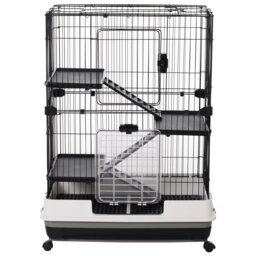 PawHut Small Guinea Pigs Hutches Hutch Pet Play House with Platform, Ramp, Removable Tray for Rabbits, Guinea Pigs, Chinchillas Black and White - thumbnail 3