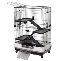 PawHut Small Guinea Pigs Hutches Hutch Pet Play House with Platform, Ramp, Removable Tray for Rabbits, Guinea Pigs, Chinchillas Black and White - thumbnail 1