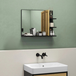 HOMCOM Bathroom Mirror with Shelf, Wall-mounted Makeup Mirror, Modern Vanity Mirror with 4 Storage Shelves for Make Up, Black - Aosom UK - thumbnail 2