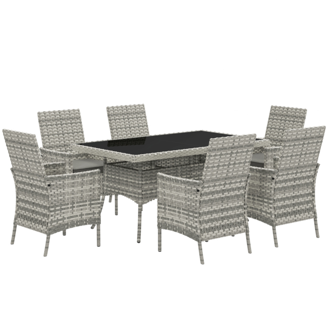 Outsunny Rattan Garden Furniture Set, 6 Seater Outdoor Dining Table and Chairs with Cushions, 150 x 90cm Rectangular Tempered Glass Table, 6 Armchairs, for Terrace, Conservatory, Balcony, Mixed-Grey - image 1