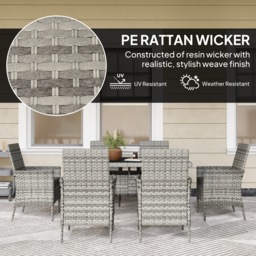 Outsunny Rattan Garden Furniture Set, 6 Seater Outdoor Dining Table and Chairs with Cushions, 150 x 90cm Rectangular Tempered Glass Table, 6 Armchairs, for Terrace, Conservatory, Balcony, Mixed-Grey - thumbnail 5