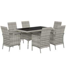 Outsunny Rattan Garden Furniture Set, 6 Seater Outdoor Dining Table and Chairs with Cushions, 150 x 90cm Rectangular Tempered Glass Table, 6 Armchairs, for Terrace, Conservatory, Balcony, Mixed-Grey - thumbnail 1